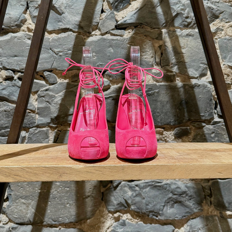 Front view of Christian Louboutin Hot Pink Suede Lace Up NVP 120 120 Peep Toe Pumps