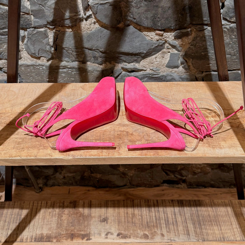 Side-by-side view of Christian Louboutin Hot Pink Suede Lace Up NVP 120 120 Peep Toe Pumps