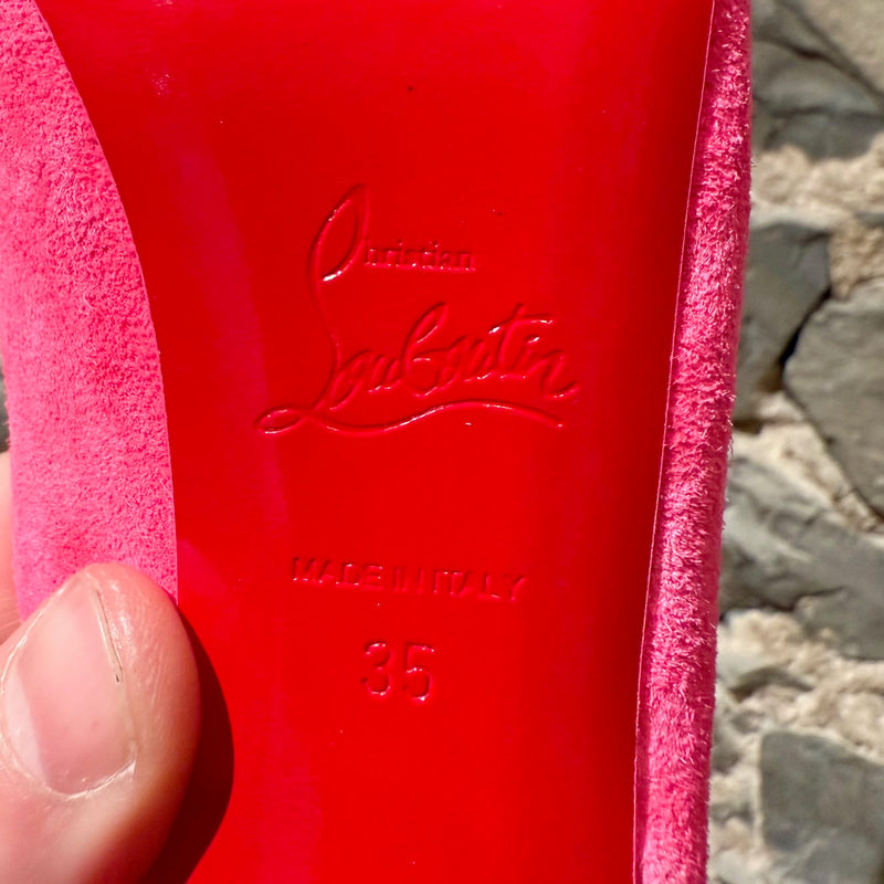 Brand, origin and size stamps of Christian Louboutin Hot Pink Suede Lace Up NVP 120 120 Peep Toe Pumps