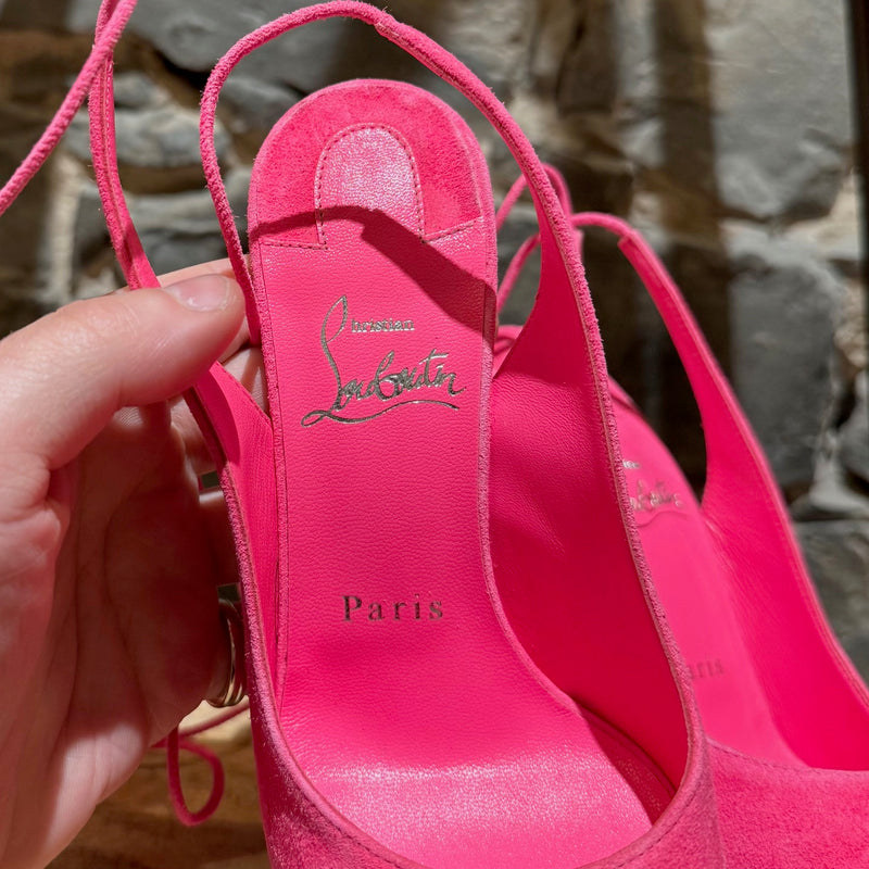 Insole of Christian Louboutin Hot Pink Suede Lace Up NVP 120 120 Peep Toe Pumps