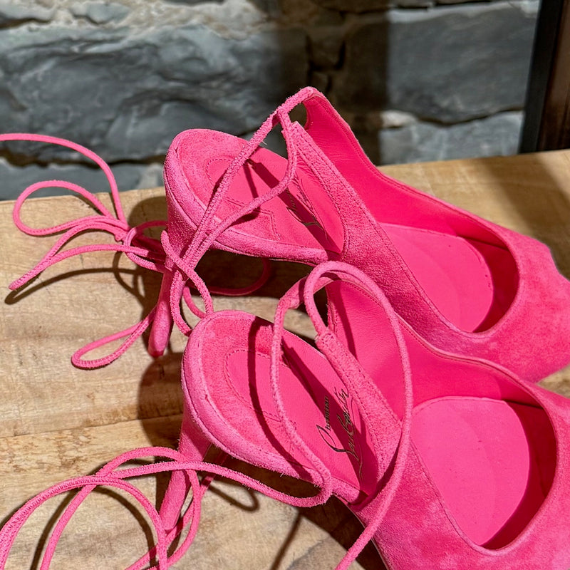 Straps of Christian Louboutin Hot Pink Suede Lace Up NVP 120 120 Peep Toe Pumps