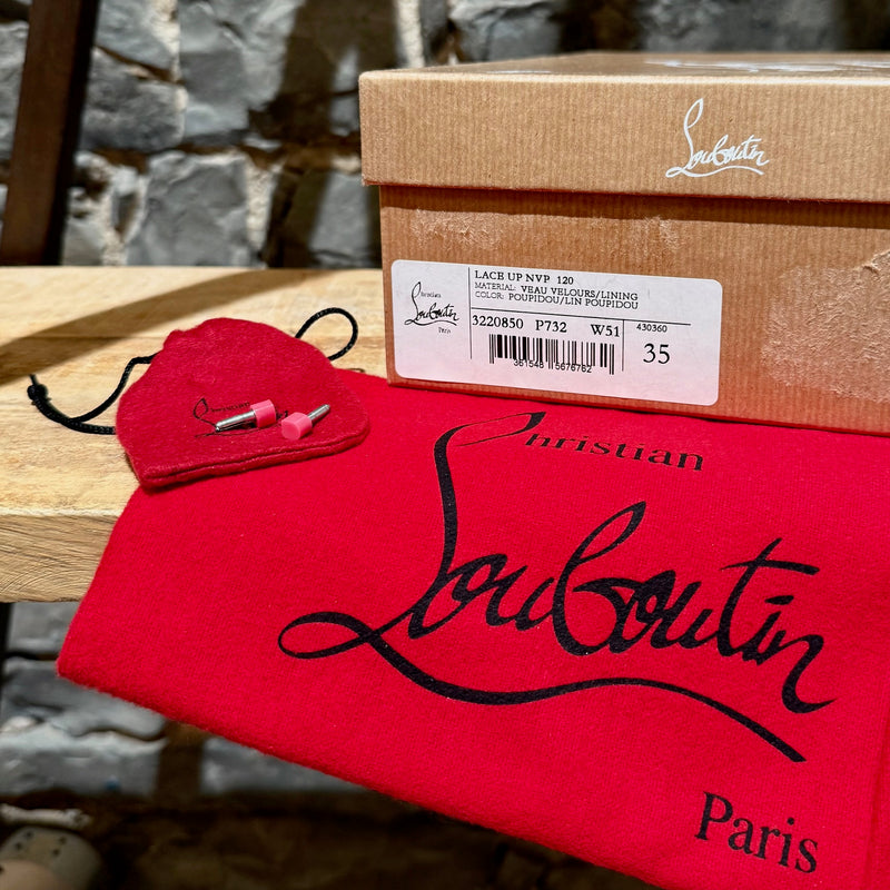 Packaging of Christian Louboutin Hot Pink Suede Lace Up NVP 120 120 Peep Toe Pumps