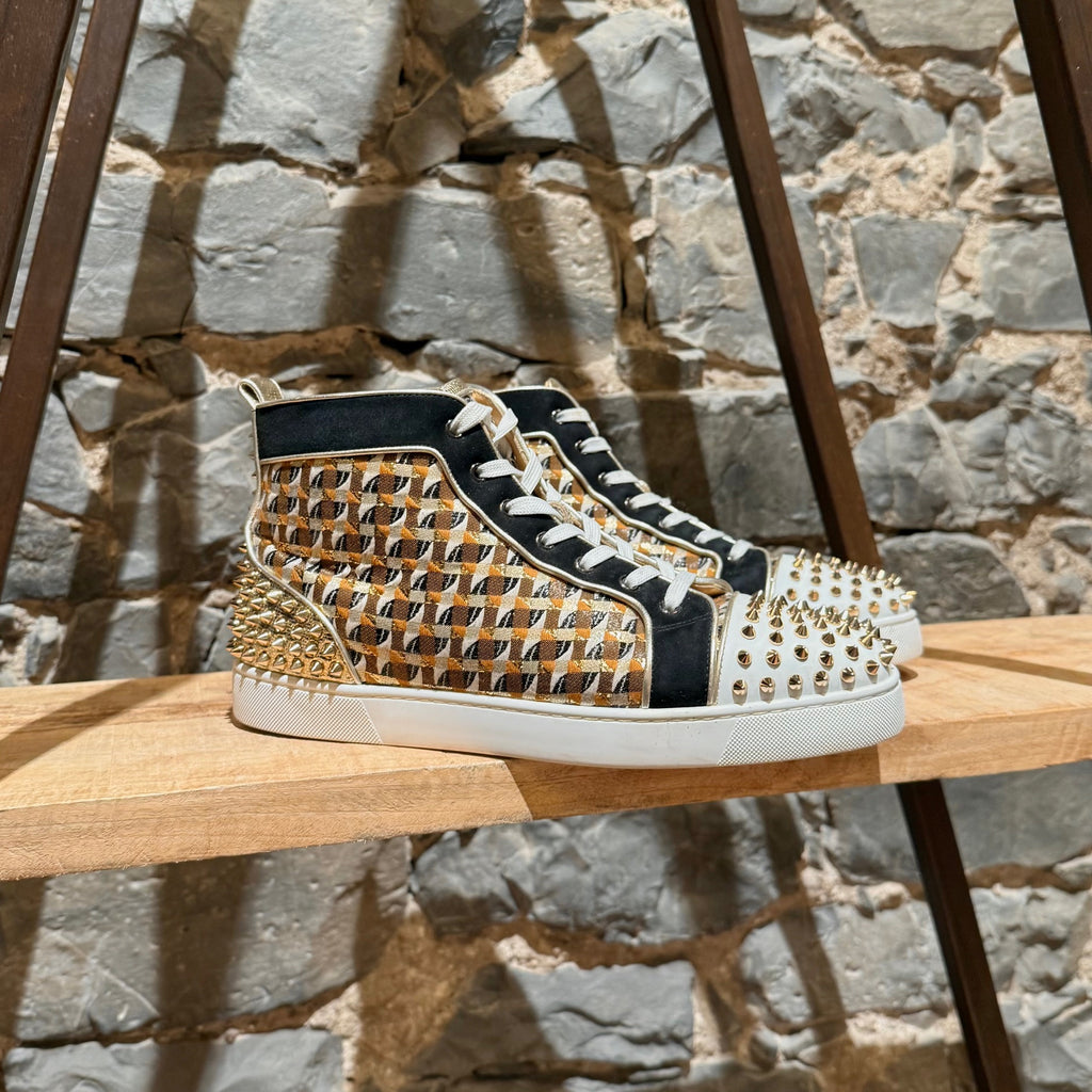 Christian Louboutin Jacquard Lamé Gold Lou Spikes 2 High Top Sneakers