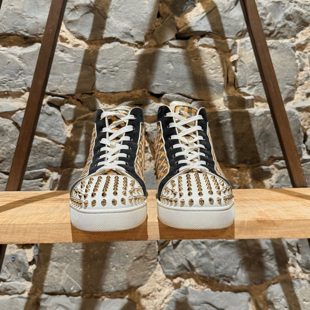 Christian Louboutin Jacquard Lamé Gold Lou Spikes 2 High Top Sneakers