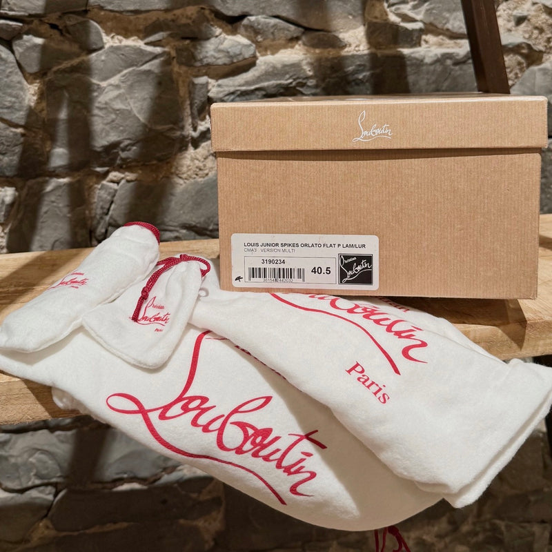 Packaging of Christian Louboutin Louis Junior Spikes Tie Dye Lamé Low Top Sneakers