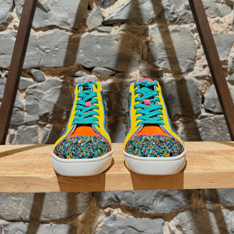 Front view of Christian Louboutin Louis Strass Multicolour Rainbow Swarvoski Crystal High-top Sneakers