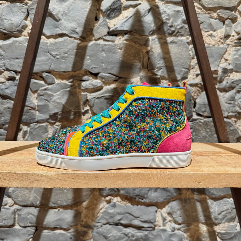 A side view of Christian Louboutin Louis Strass Multicolour Rainbow Swarvoski Crystal High-top Sneakers