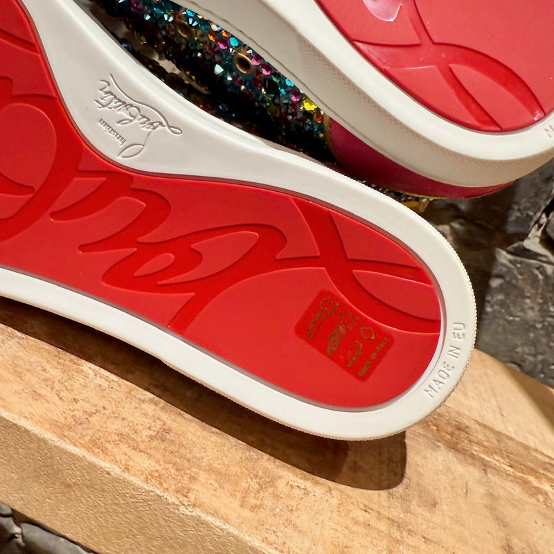 Branded outsole of Christian Louboutin Louis Strass Multicolour Rainbow Swarvoski Crystal High-top Sneakers