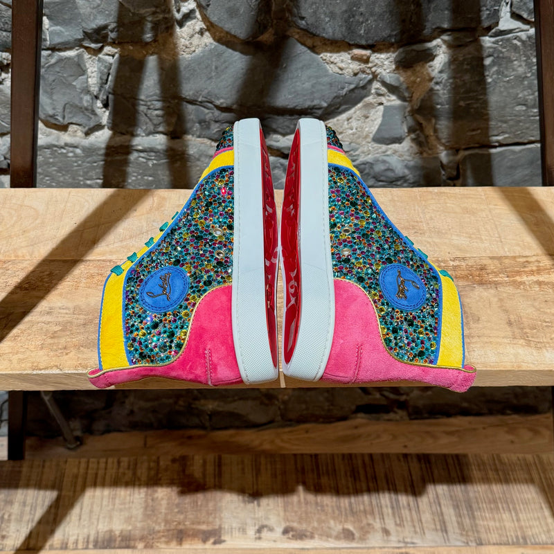 Side-by-side view of Christian Louboutin Louis Strass Multicolour Rainbow Swarvoski Crystal High-top Sneakers