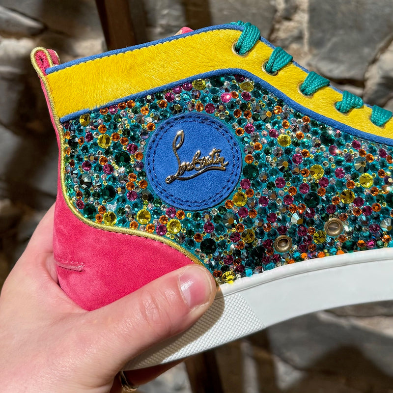 Branding detail on Christian Louboutin Louis Strass Multicolour Rainbow Swarvoski Crystal High-top Sneakers