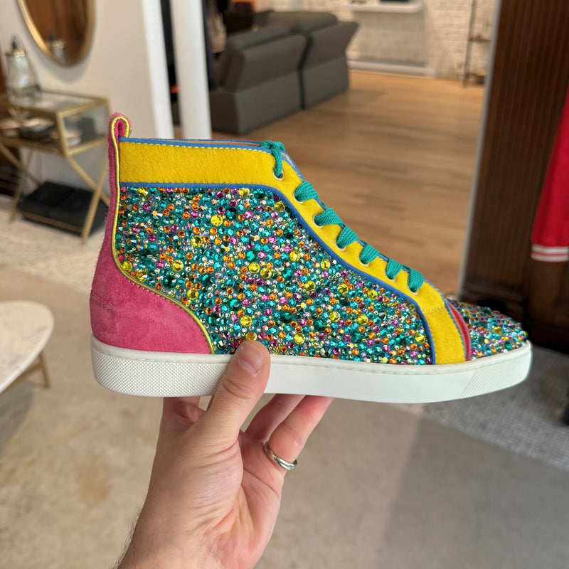 A side view of Christian Louboutin Louis Strass Multicolour Rainbow Swarvoski Crystal High-top Sneakers