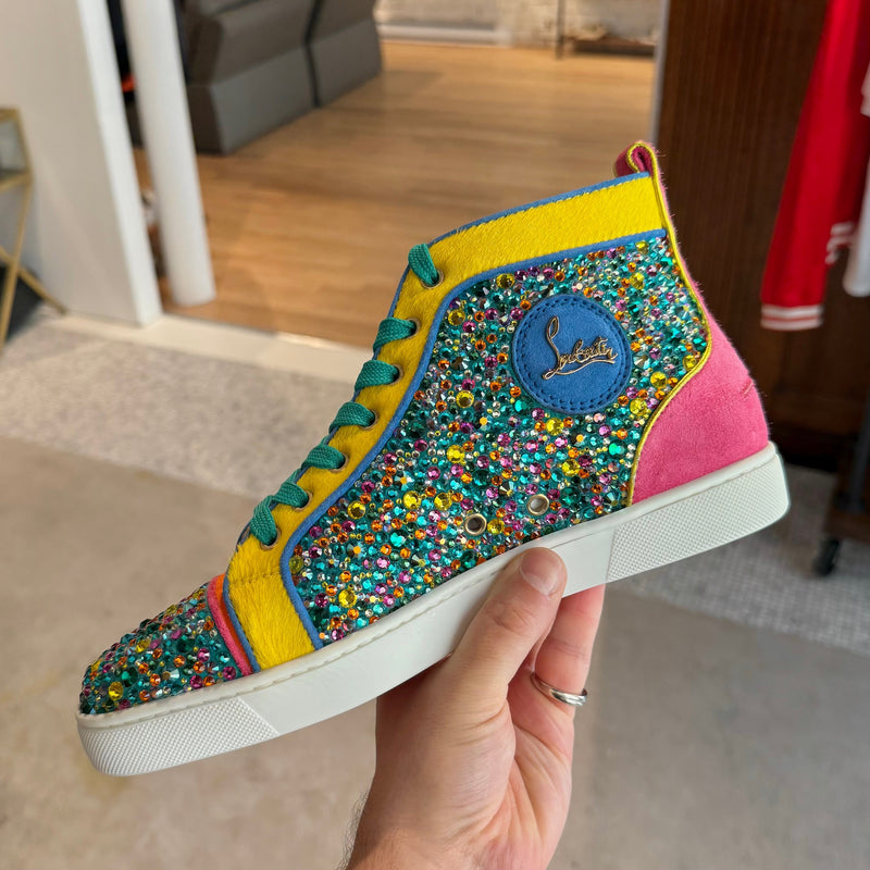A side view of Christian Louboutin Louis Strass Multicolour Rainbow Swarvoski Crystal High-top Sneakers
