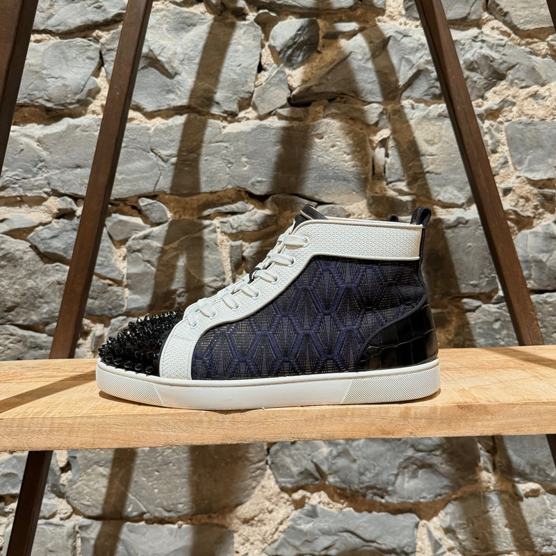 Baskets hautes Christian Louboutin Lou Spikes style croco en jacquard bleu marine