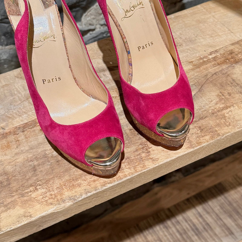Toe box of Christian Louboutin Pink Suede Lady Peep 150 Slingback Platform Pumps