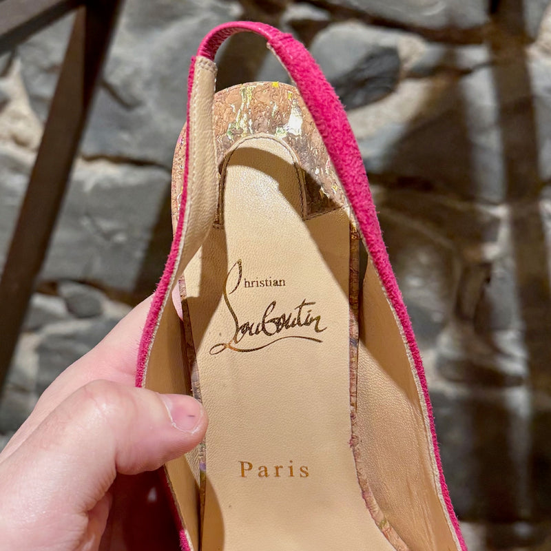 Branded insole of Christian Louboutin Pink Suede Lady Peep 150 Slingback Platform Pumps