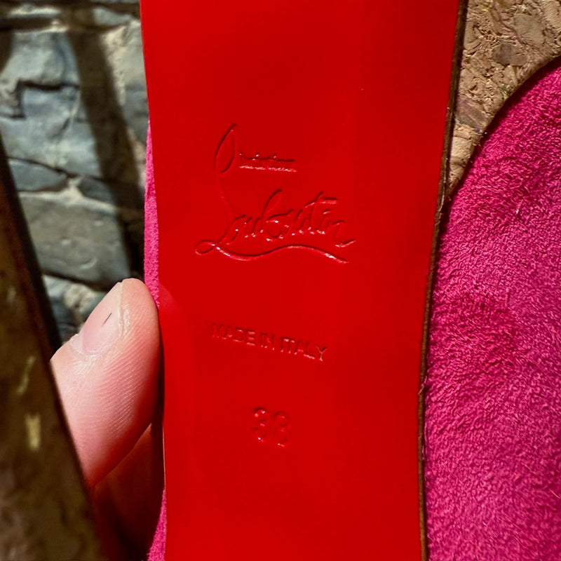 Brand, origin and size stamps of Christian Louboutin Pink Suede Lady Peep 150 Slingback Platform Pumps