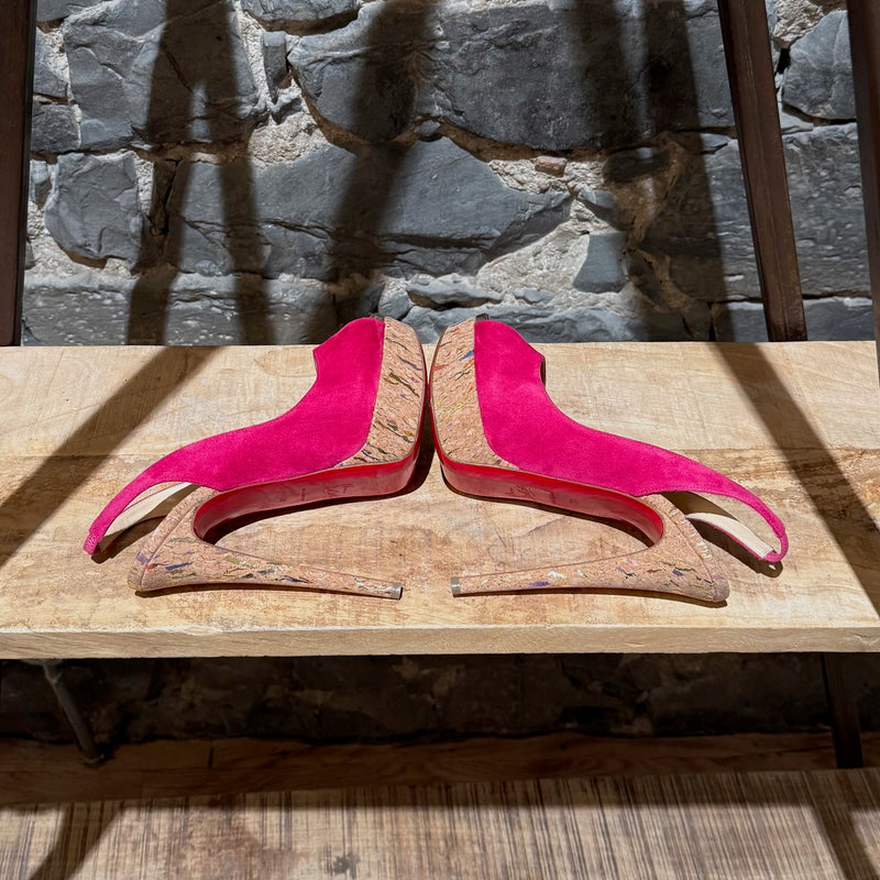 Side-by-side view of Christian Louboutin Pink Suede Lady Peep 150 Slingback Platform Pumps