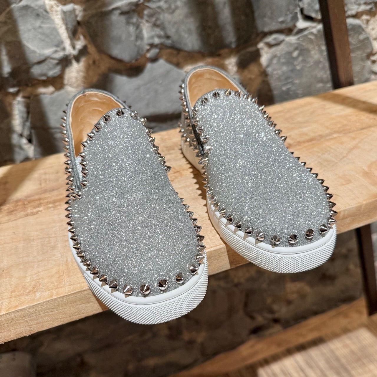 Christian Louboutin Silver Glitter Pik Boat Slip-on Sneakers