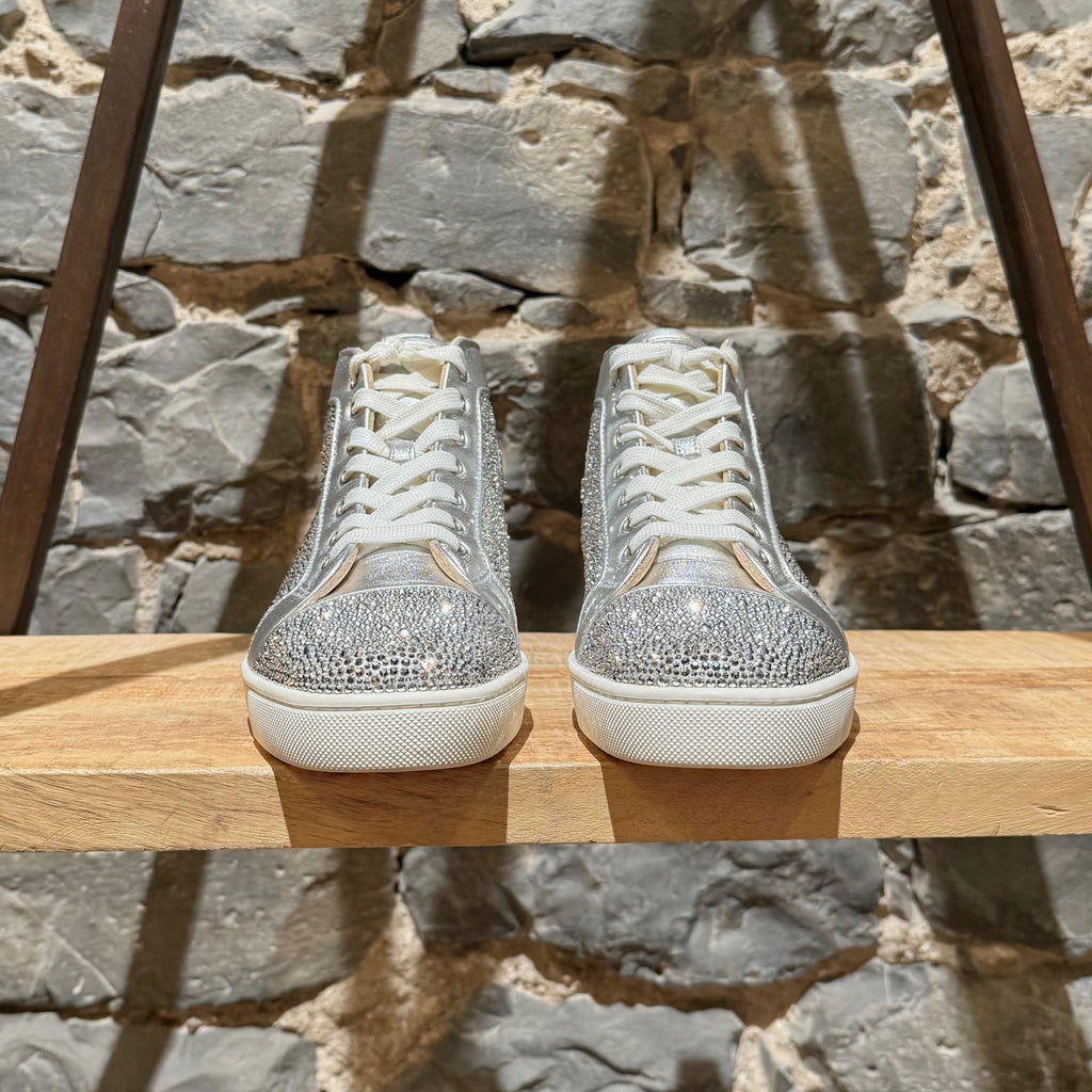 Front view of Christian Louboutin Silver Leather Louis Strass High-top Sneakers