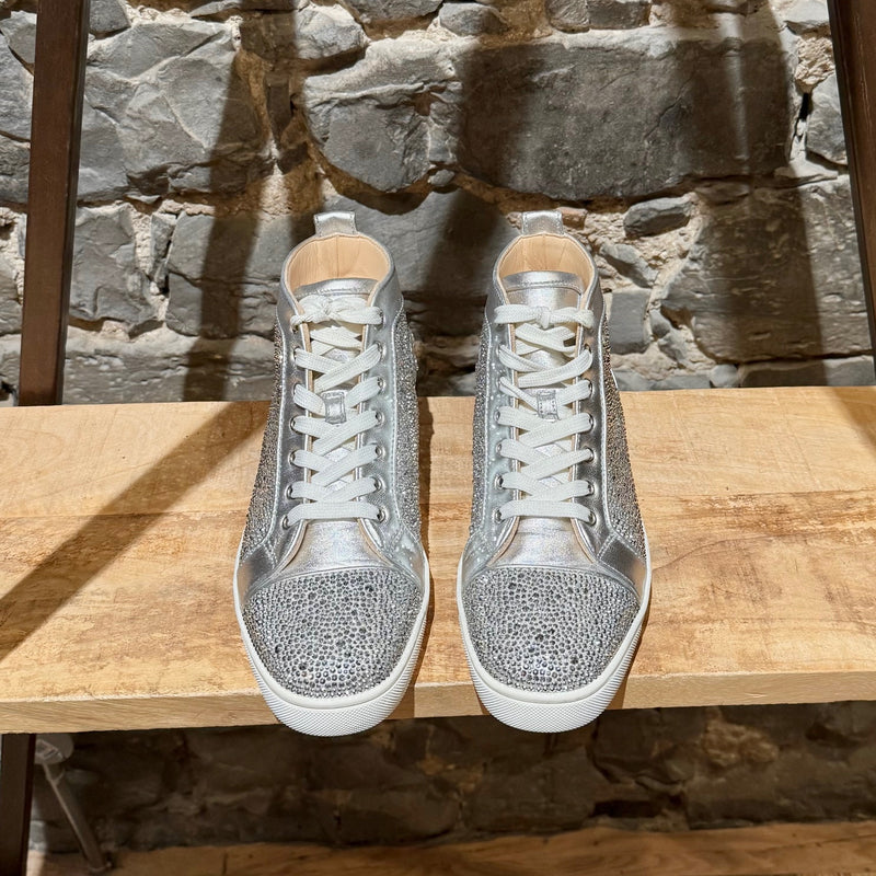 Top view of Christian Louboutin Silver Leather Louis Strass High-top Sneakers
