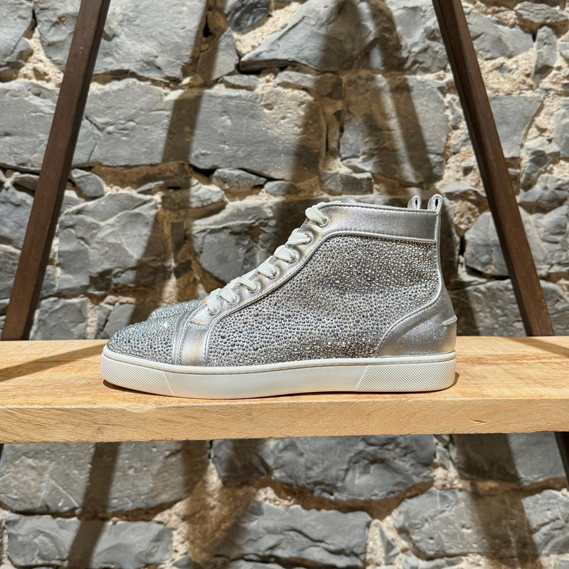 A side view of Christian Louboutin Silver Leather Louis Strass High-top Sneakers