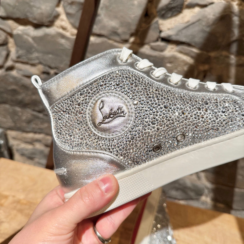 Brand detail on Christian Louboutin Silver Leather Louis Strass High-top Sneakers