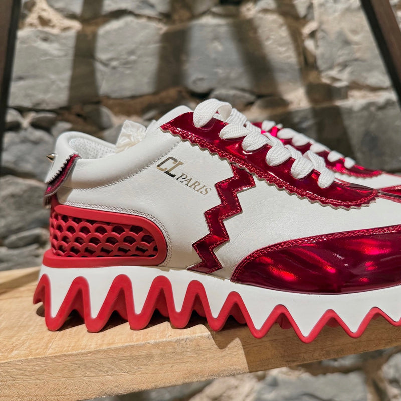 Side of Christian Louboutin White Leather Red Patent Loubishark Sneakers