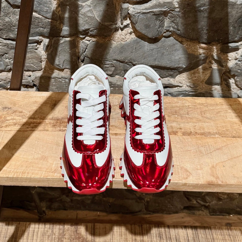 View from the top of Christian Louboutin White Leather Red Patent Loubishark Sneakers