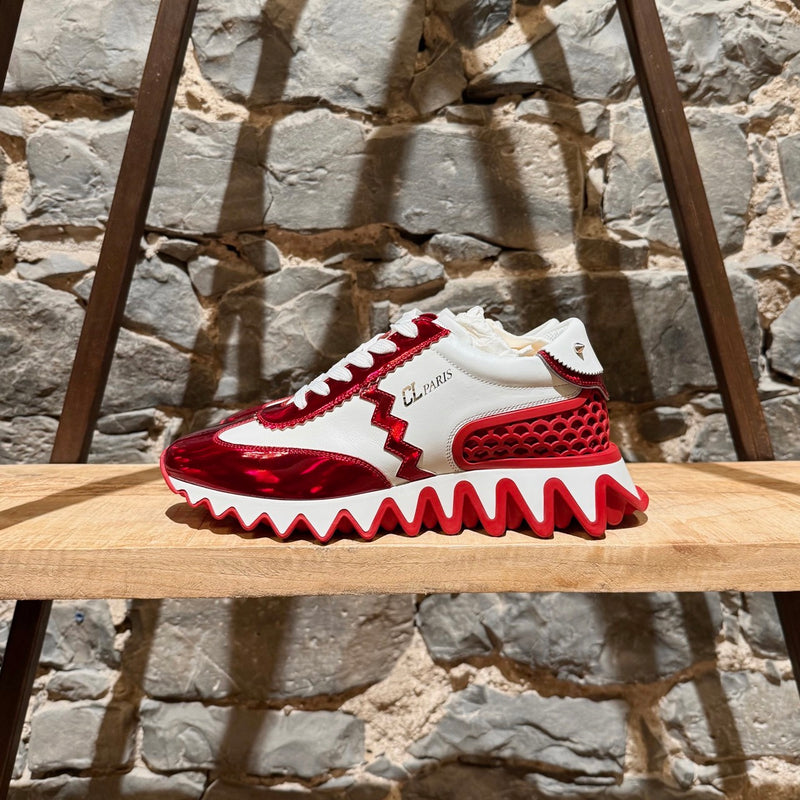 Side of Christian Louboutin White Leather Red Patent Loubishark Sneakers