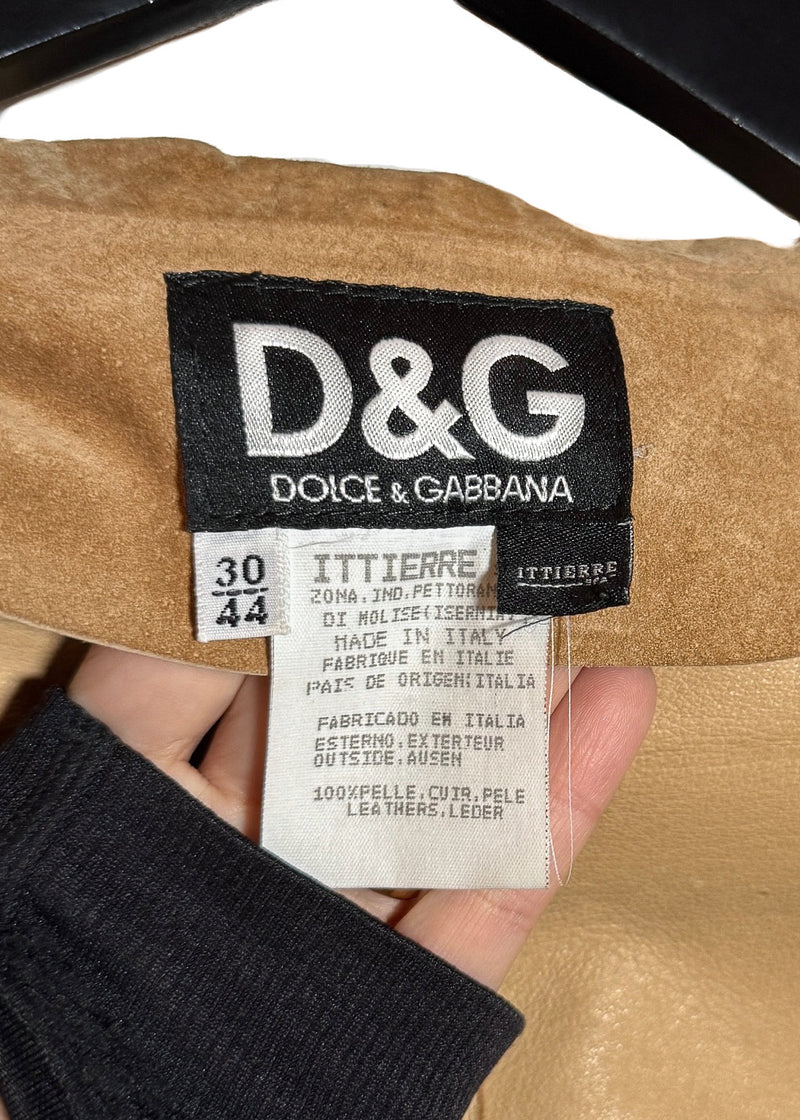 Brand, size, origin and material labels of D&G Tan Beige Suede Coat