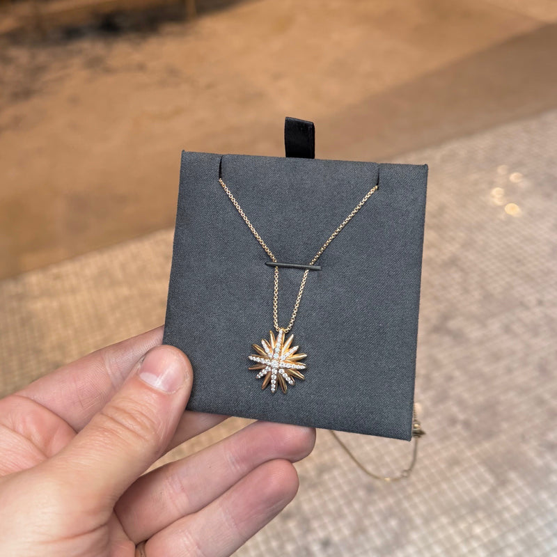 Front view of David Yurman 18k Yellow Gold Diamond 19mm Starbust Pendant Necklace