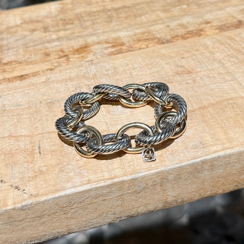 David Yurman Sterling Silver 18k Gold Oval Link Chain Cable 17mm Bracelet