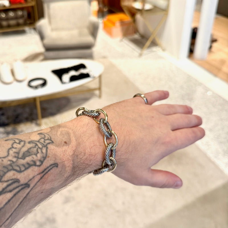 David Yurman Sterling Silver 18k Gold Oval Link Chain Cable 17mm Bracelet