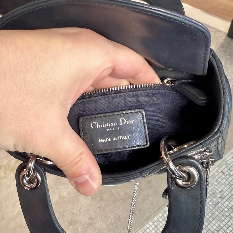 Brand patch of Dior 2015 Metallic Midnight Blue Calfskin Mini Lady Dior Bag