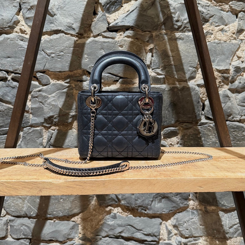 Front view of Dior 2015 Metallic Midnight Blue Calfskin Mini Lady Dior Bag