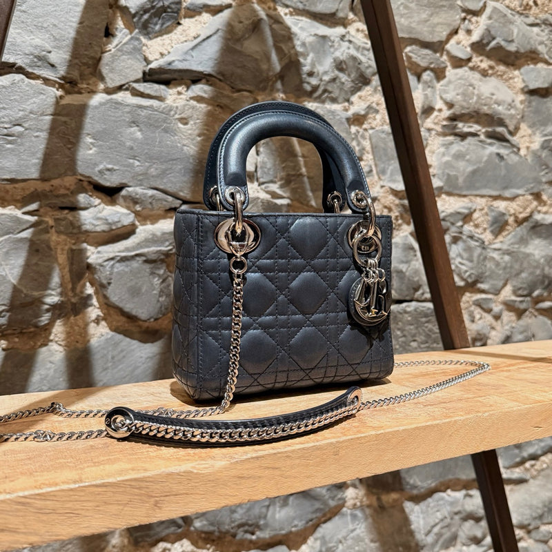 Side front view of Dior 2015 Metallic Midnight Blue Calfskin Mini Lady Dior Bag