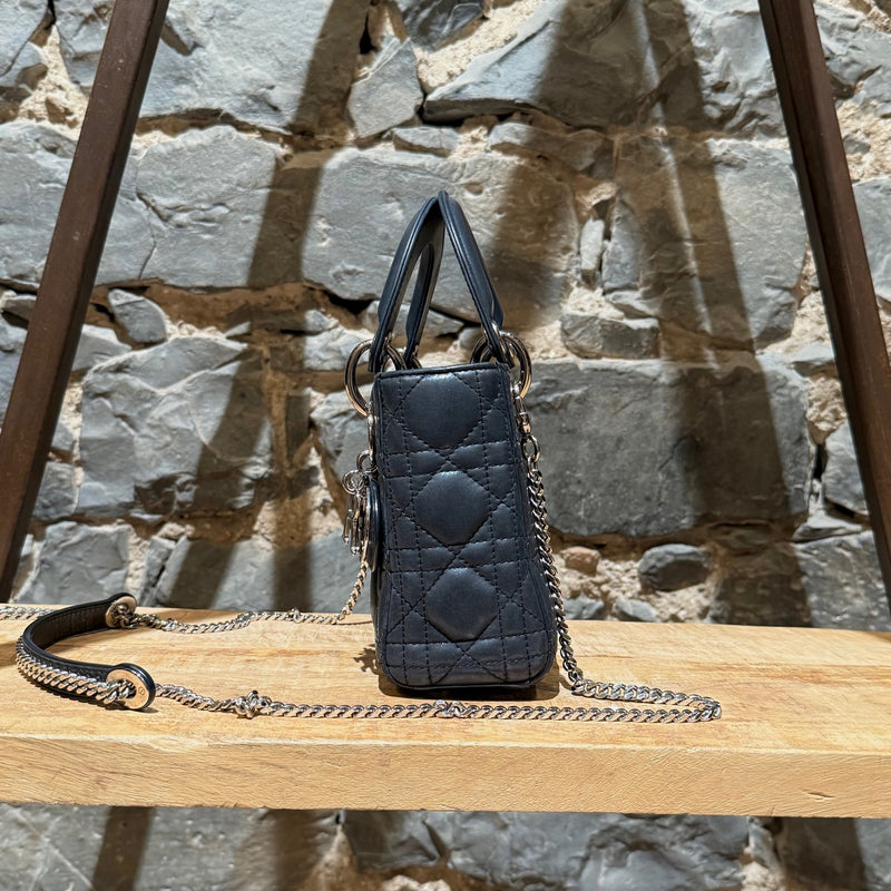 A side view of Dior 2015 Metallic Midnight Blue Calfskin Mini Lady Dior Bag