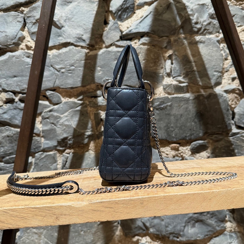 A side view of Dior 2015 Metallic Midnight Blue Calfskin Mini Lady Dior Bag