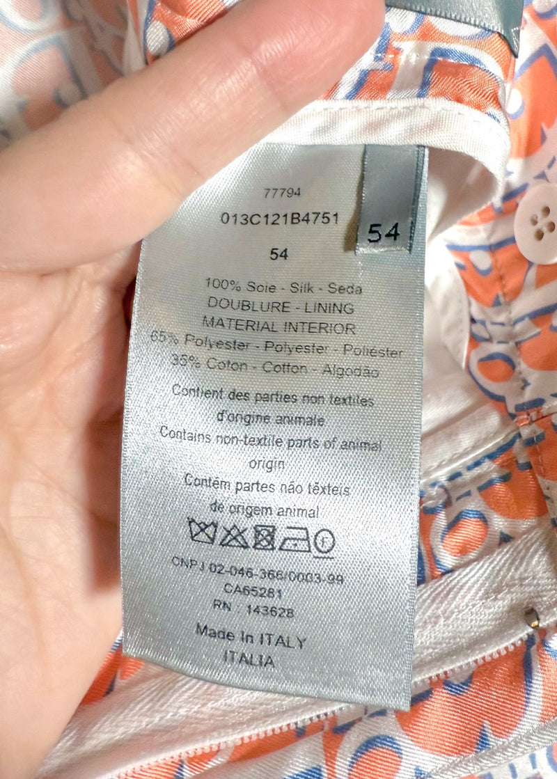 Material and care label of Dior 2021 Orange Blue Oblique Satin Silk Bermuda Shorts