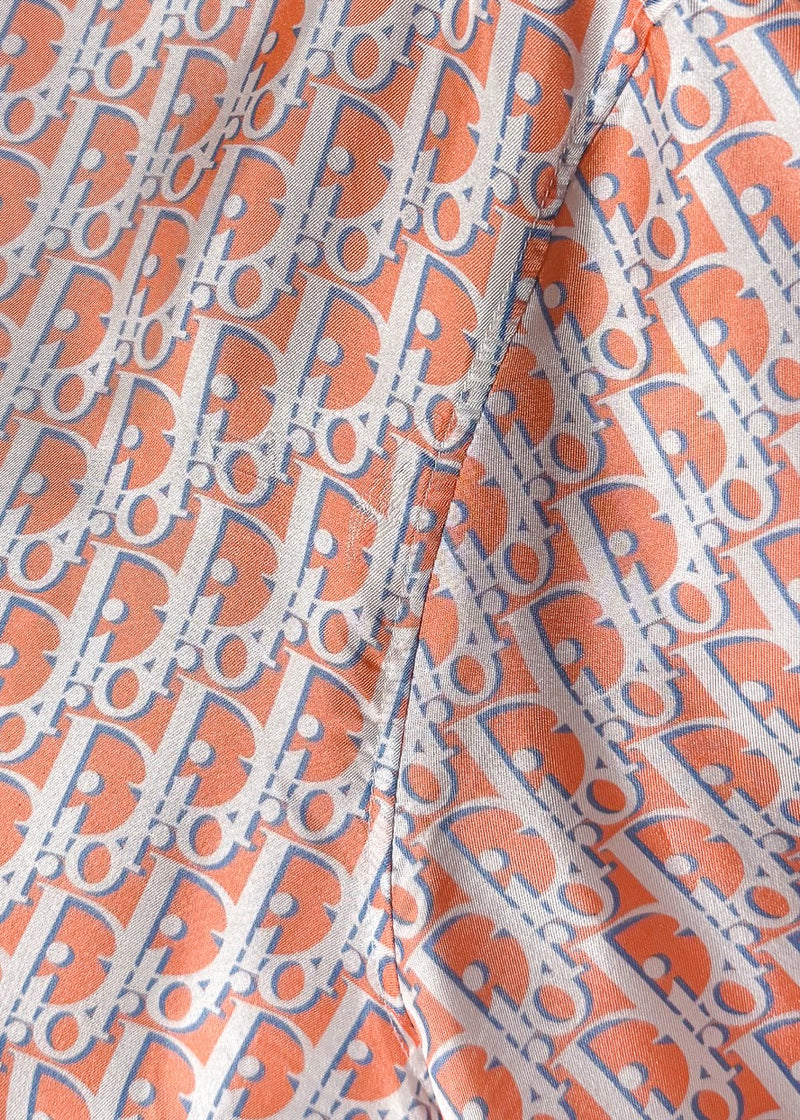 Seams close up of Dior 2021 Orange Blue Oblique Satin Silk Short Sleeves Shirt