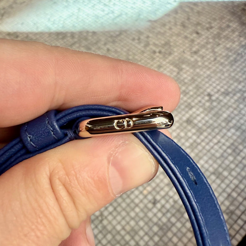 Branded hardware of Dior 2022 Blue Lambskin Cannage Medium Lady Dior Handbag