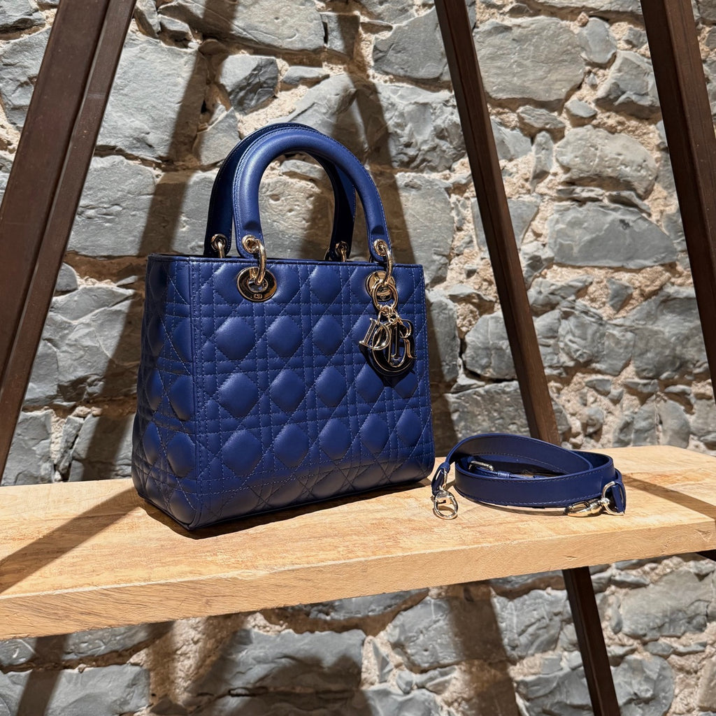 Side front view of Dior 2022 Blue Lambskin Cannage Medium Lady Dior Handbag