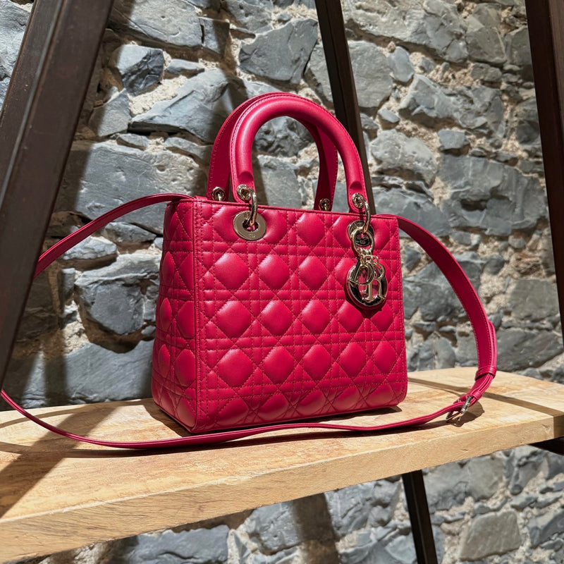 Side front view of Dior 2022 Fuchsia Pink Lambskin Cannage Medium Lady Dior Handbag