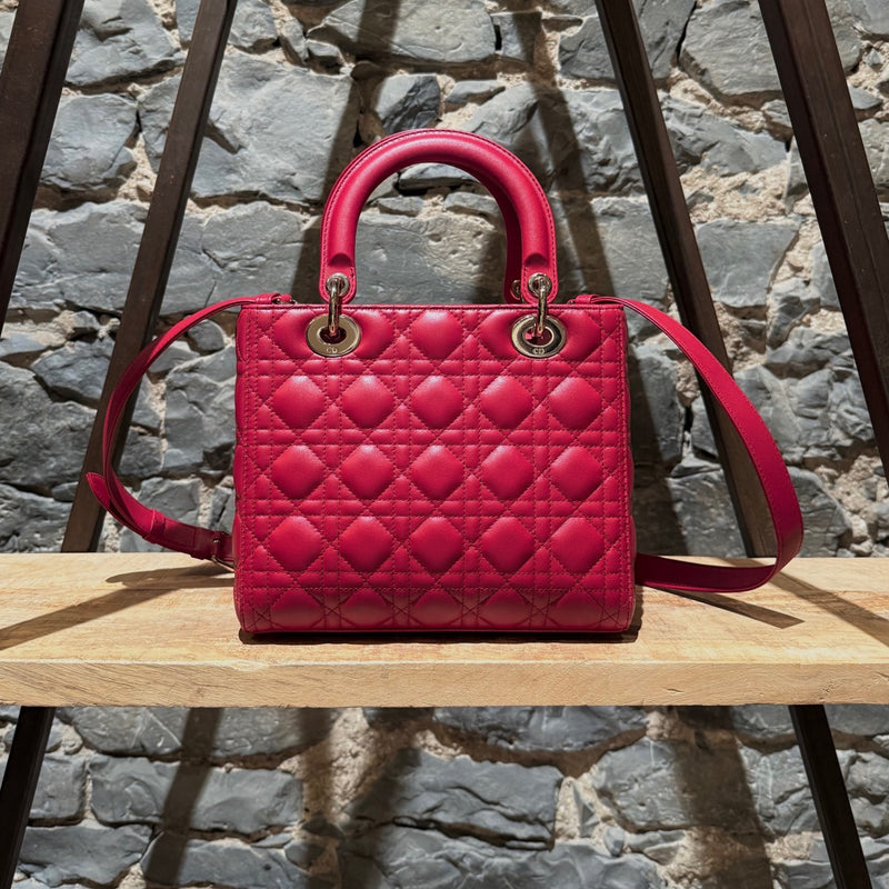 Back view of Dior 2022 Fuchsia Pink Lambskin Cannage Medium Lady Dior Handbag