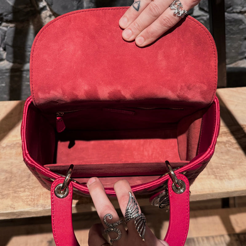 Interior of Dior 2022 Fuchsia Pink Lambskin Cannage Medium Lady Dior Handbag