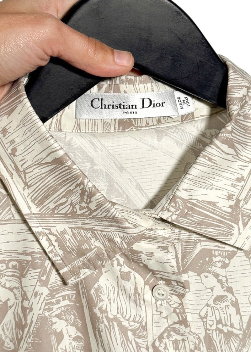 Collar area of Dior 2022 Greek Print Bee Embroidered Buttoned Shirt