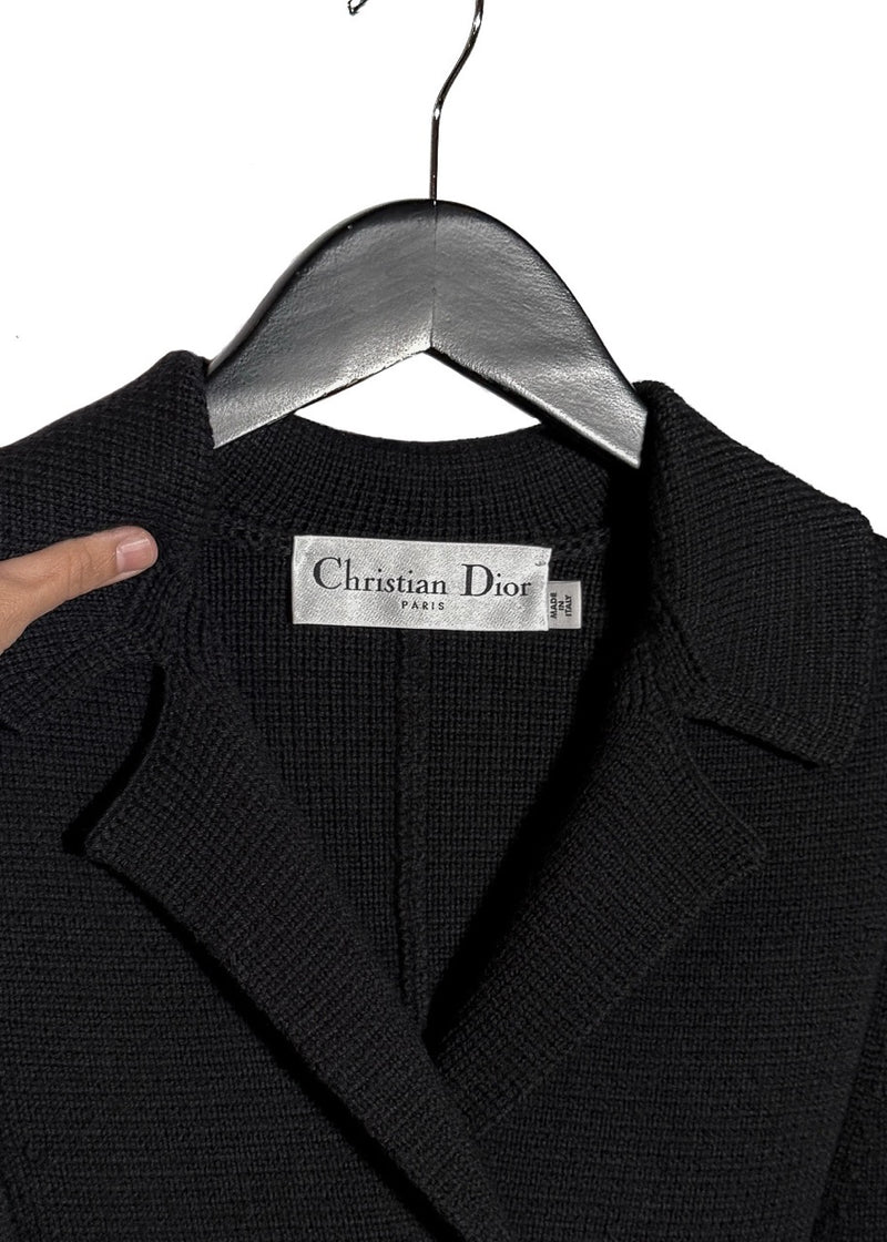 Collar area of Dior 30 Montaigne Bar Black Wool Doublebreasted Knit Blazer Jacket