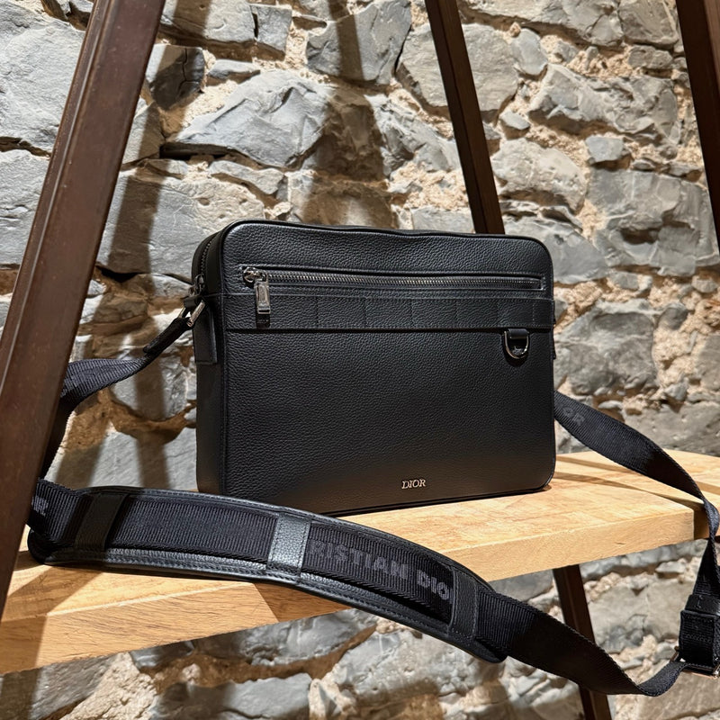 Side front view of Dior Black Grained Leather Maxi Safari Messenger Bag