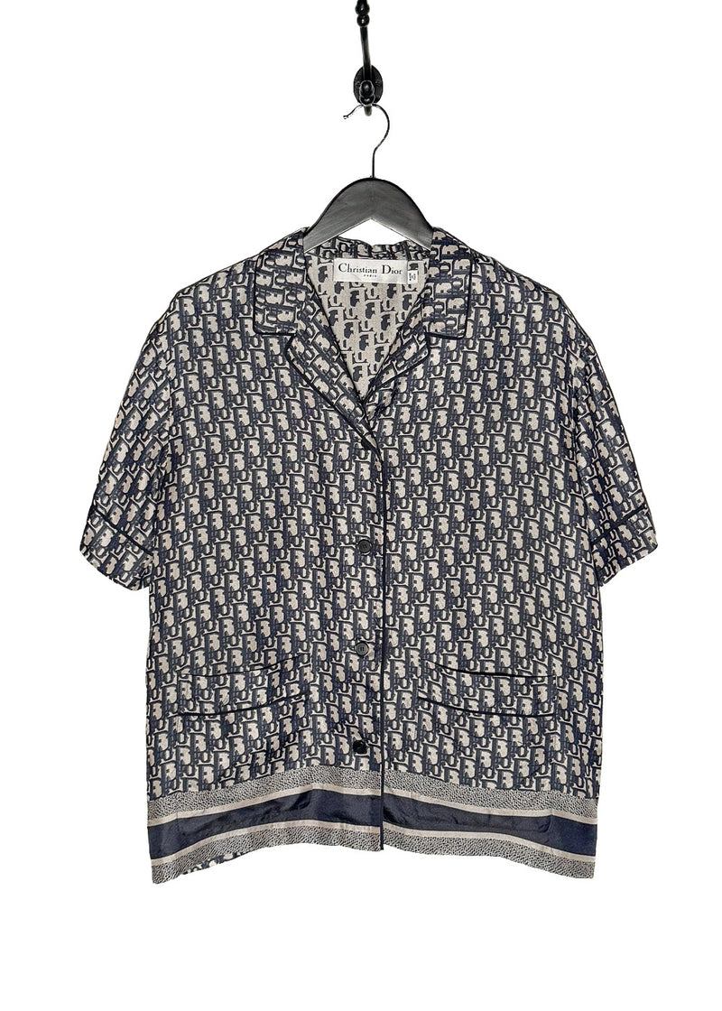 Dior Chez Moi Oblique Navy Silk Short Sleeves Blouse