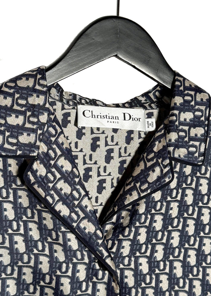 Dior Chez Moi Oblique Navy Silk Short Sleeves Blouse